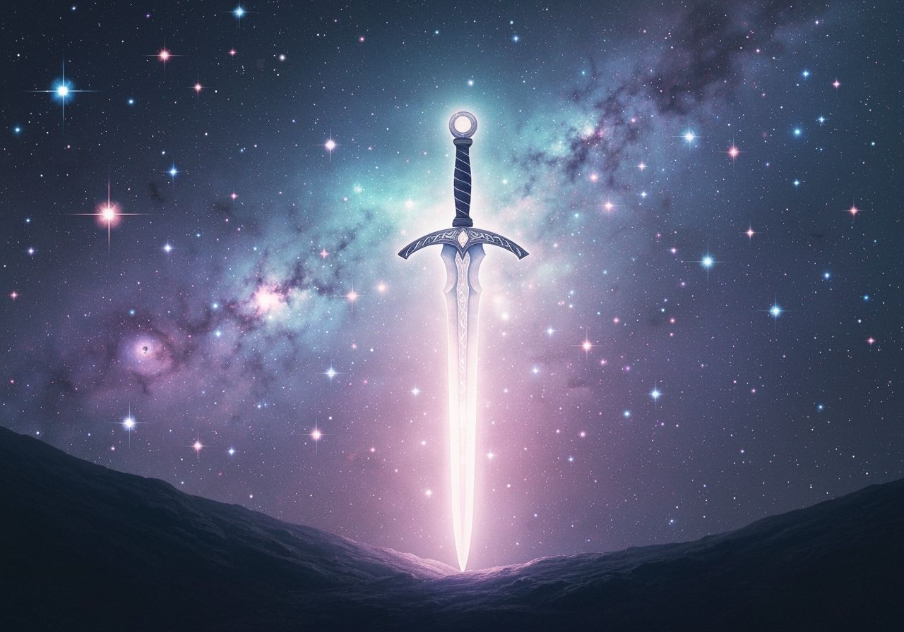 Magical Sword Radiating Light Against Celestial Starry Sky