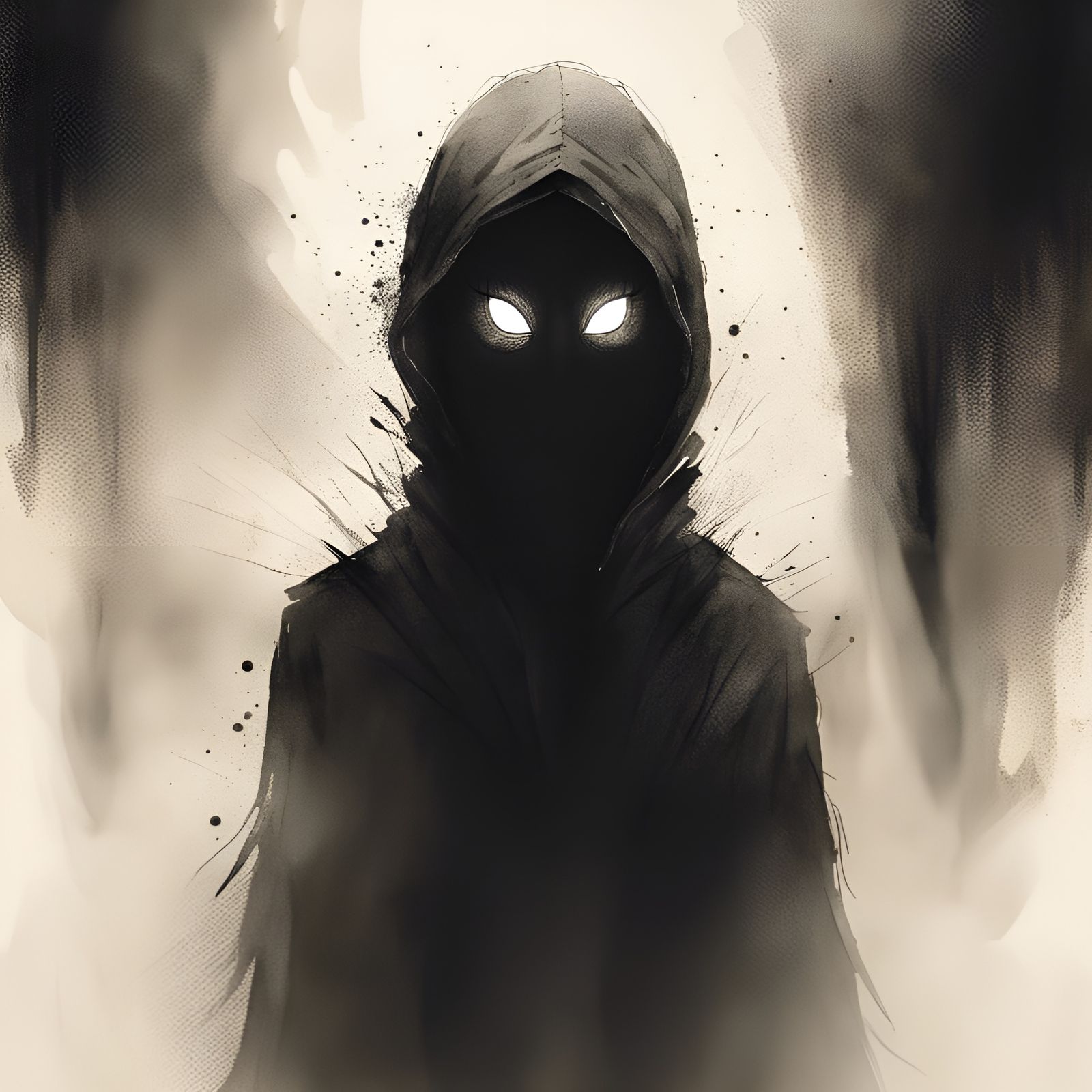 Focused Eyes in Shadow: Minimalist Ink-Wash Art