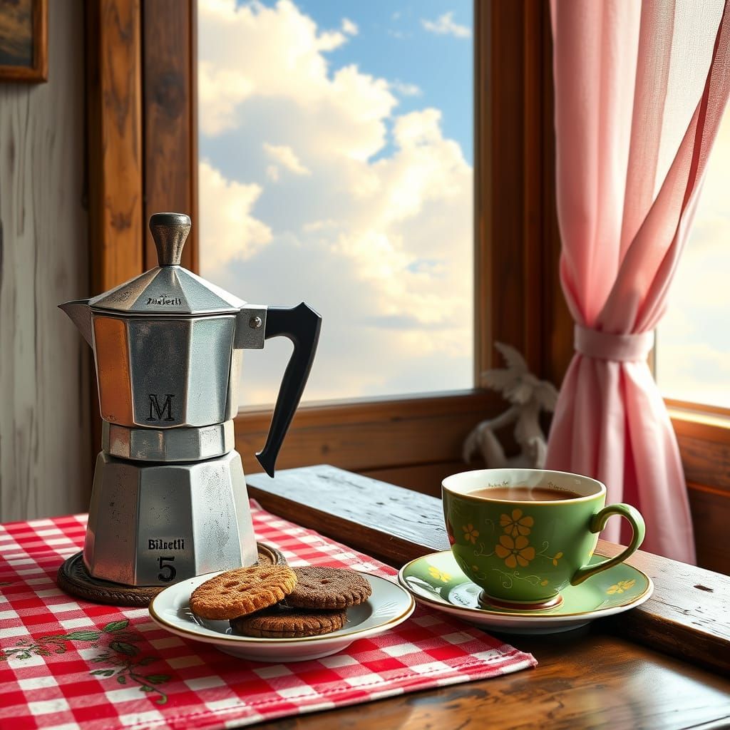 Vintage Moka Coffee Maker Still Life in Kinkade Style