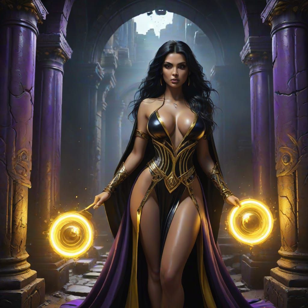 Dark Fantasy Sorceress in Ancient Ruin