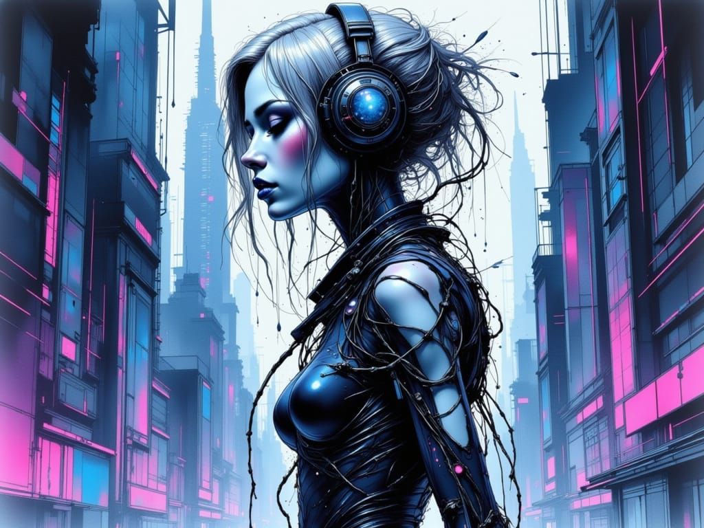 Cyberpunk Woman with Sapphire Lips in Neon City