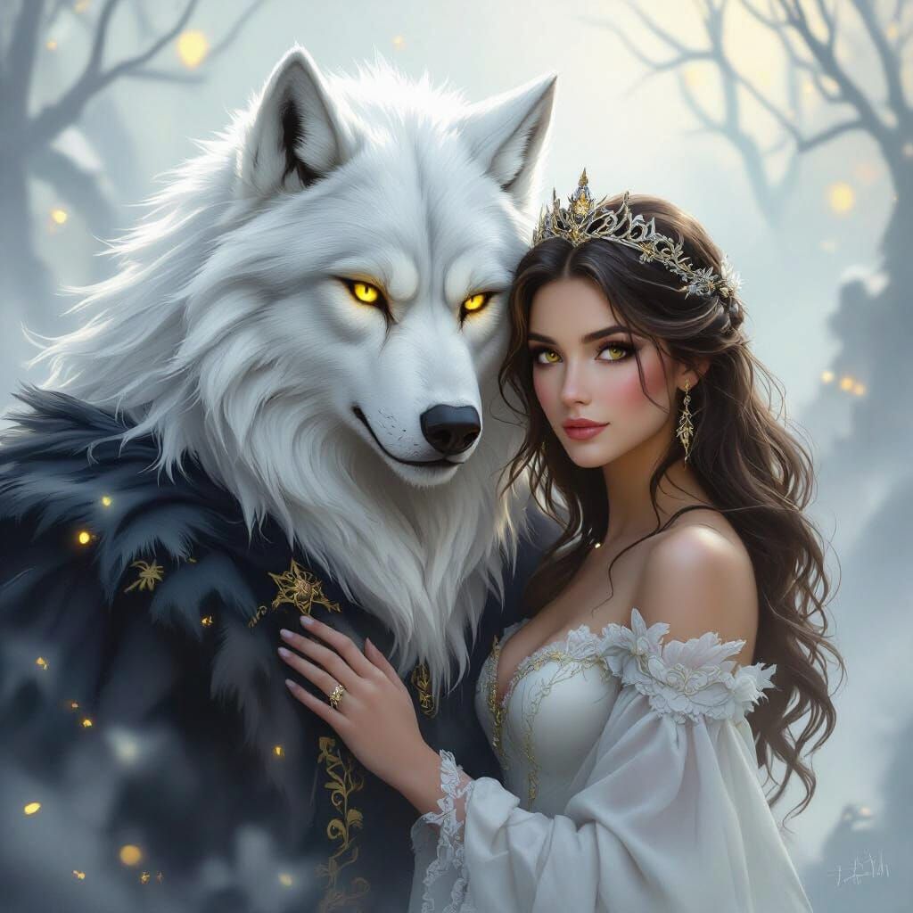 Werewolf King and Human Queen in Ethereal Fantasy Landscape
