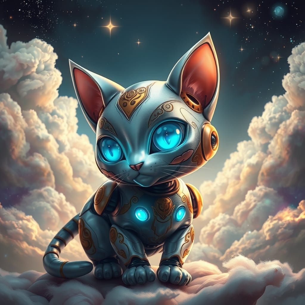 Whimsical Robot Cat in Enchanted Dreamworld
