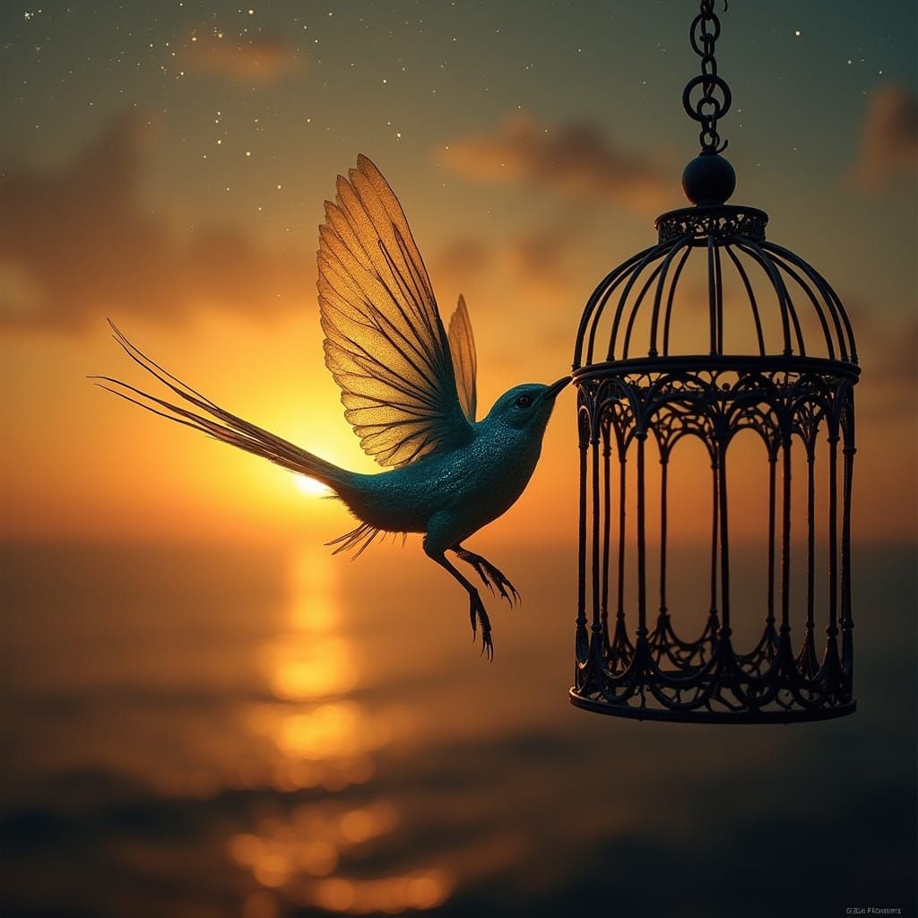 Delicate Iridescent Bird in Sunset Flight