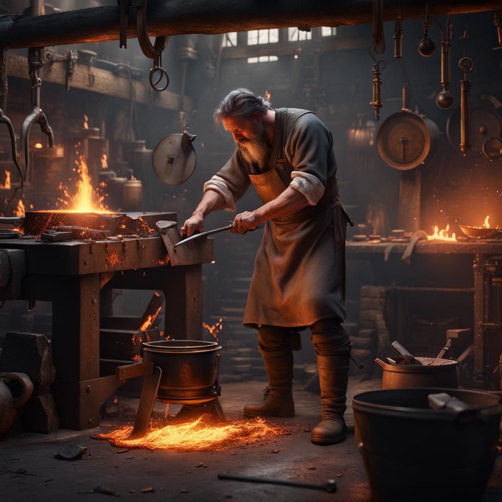 Blacksmith at Forge: Detailed Fantasy Concept Art