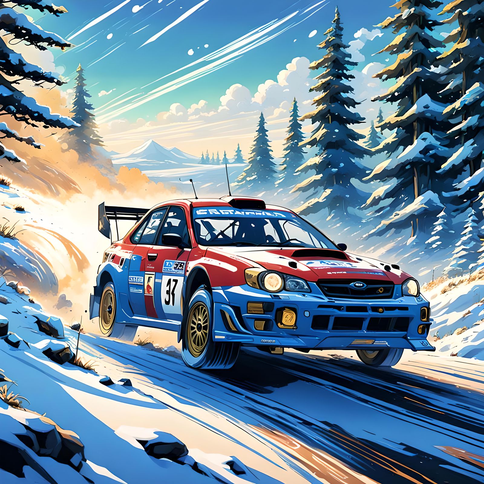 Subaru Impreza Rally Racing in Ghibli Anime Style