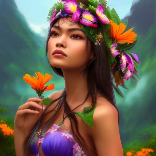 Beautiful Hawaiian Girl Portrait: Detailed Matte Painting