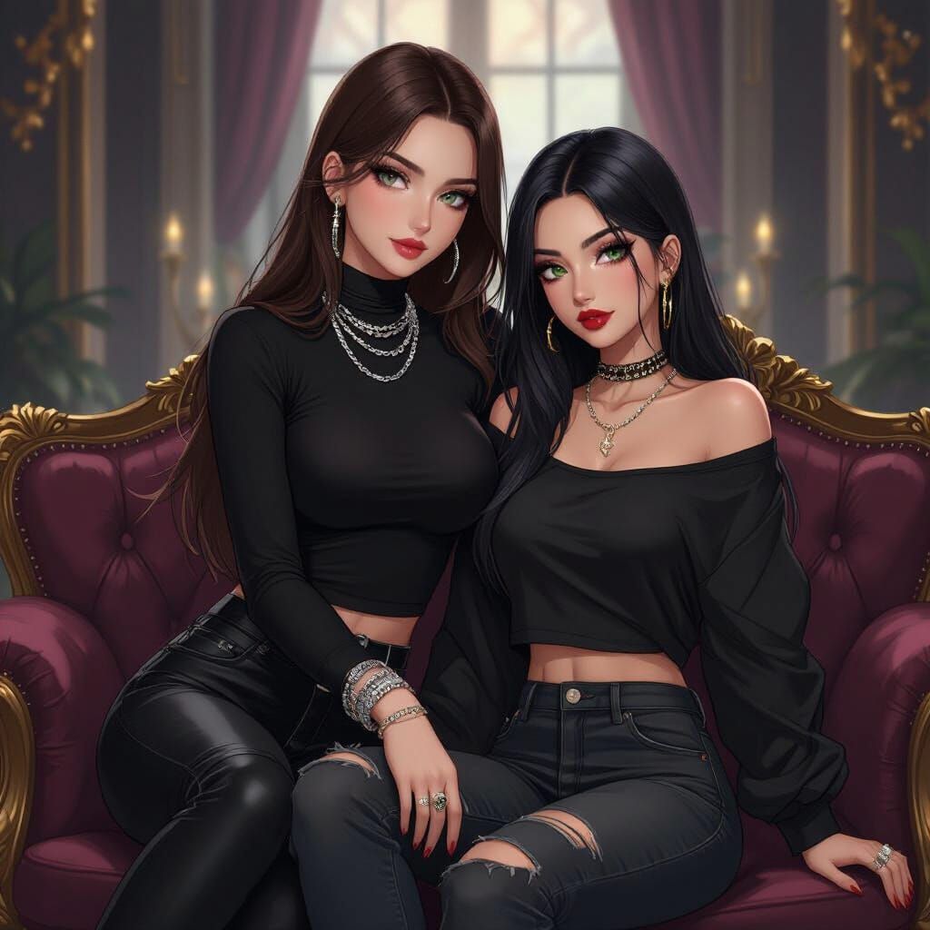 Anime Style Mansion Scene: Two Women in Detailed Interior