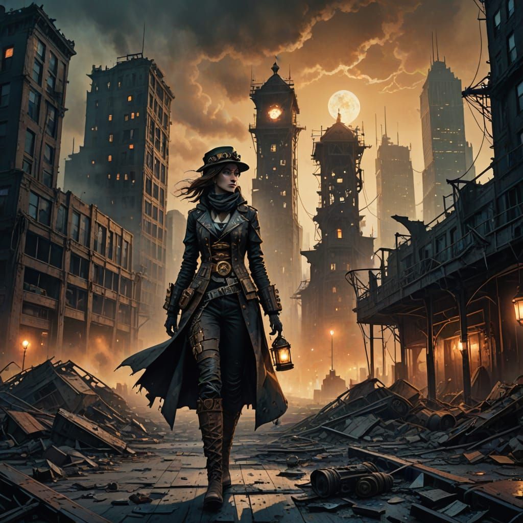 Steampunk Woman in Post-Apocalyptic Cityscape