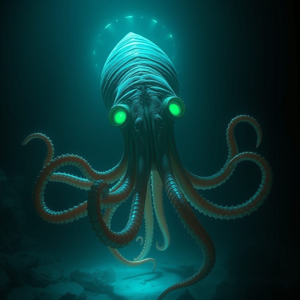 Surreal Biomechanical Sea Squid in Dark, Icy Waters