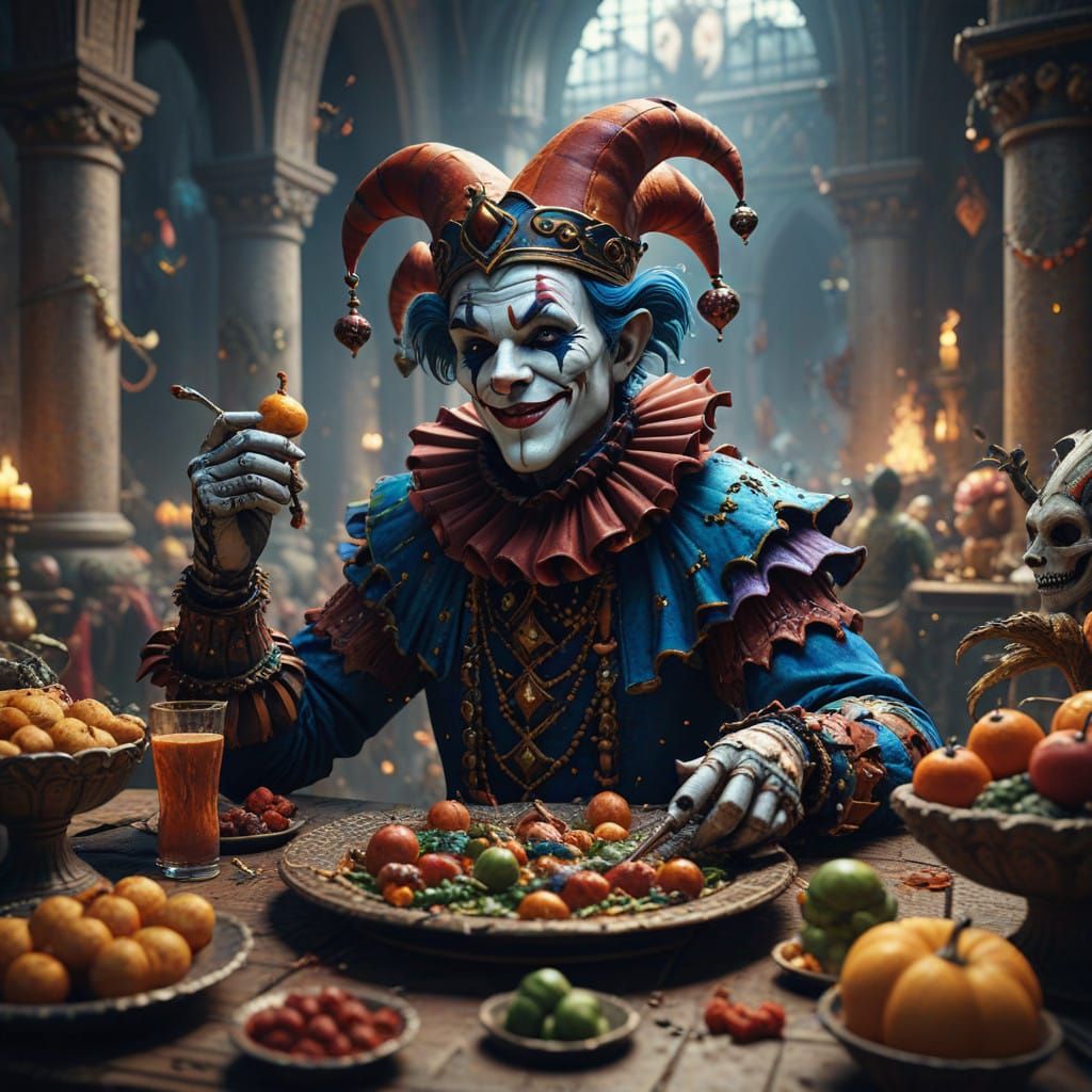 Fantastical Jester at a Feast in Vibrant, Dreamlike Detail