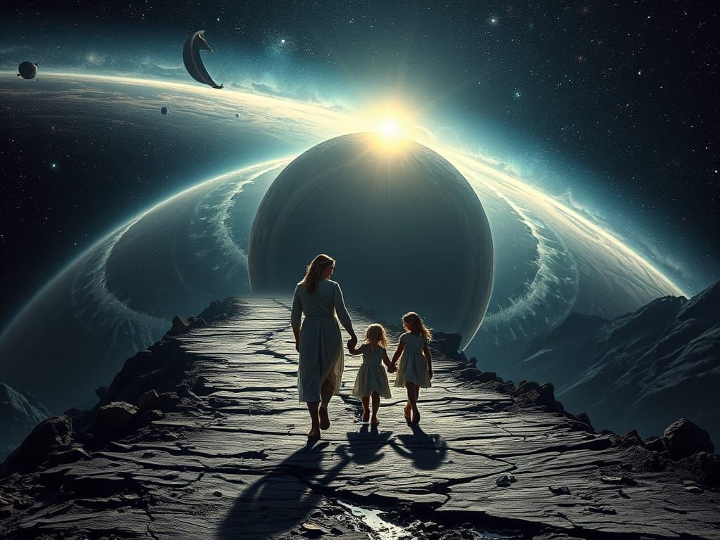Woman and Child Journey Through Space, Sci-Fi Art