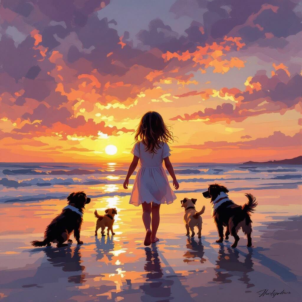 Girl Feeds Dogs on Beach at Sunset in Impressionistic Style