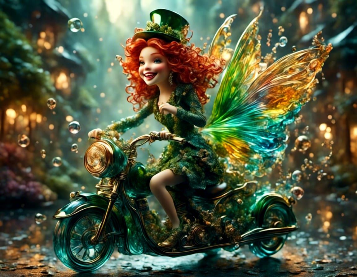 Happy Redhead Fairy on Glass Motorcycle in 3D