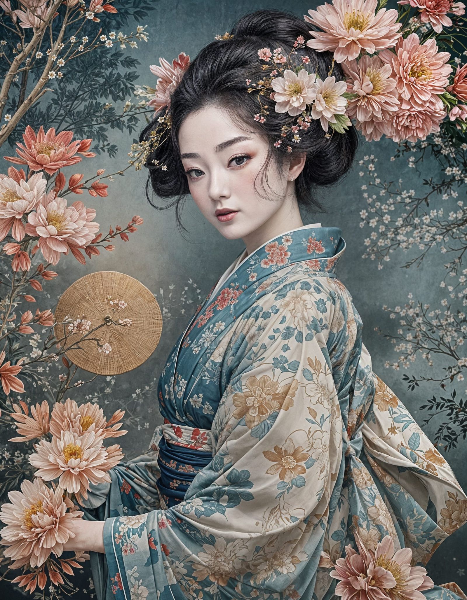 Geisha in Floral Kimono: A Traditional Portrait