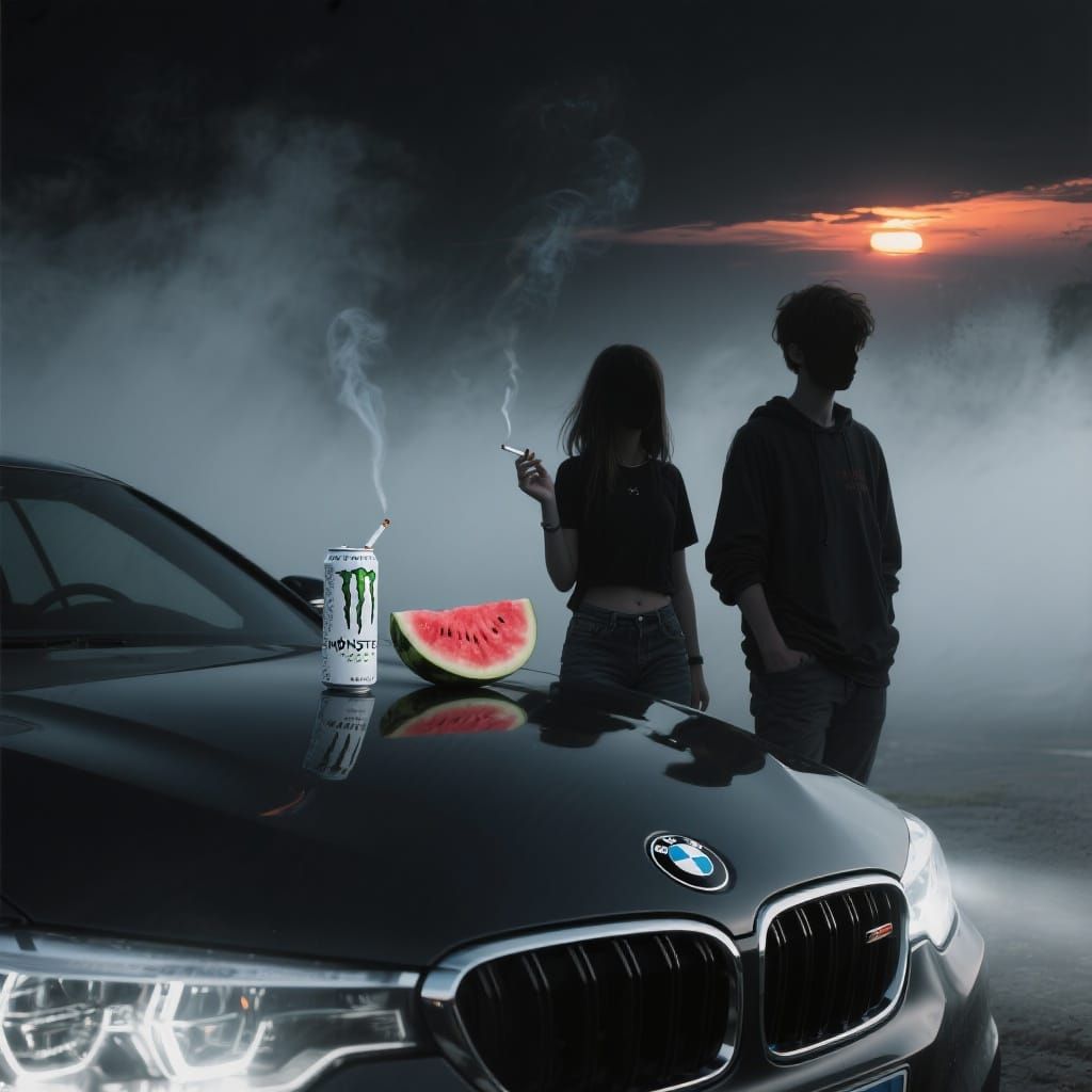 Foggy Sundown: Silhouetted Figures with Energy Drinks
