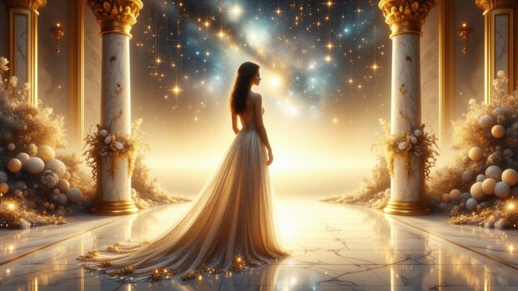 Extravagant Bride in Celestial Ballroom: Hyperrealistic Art