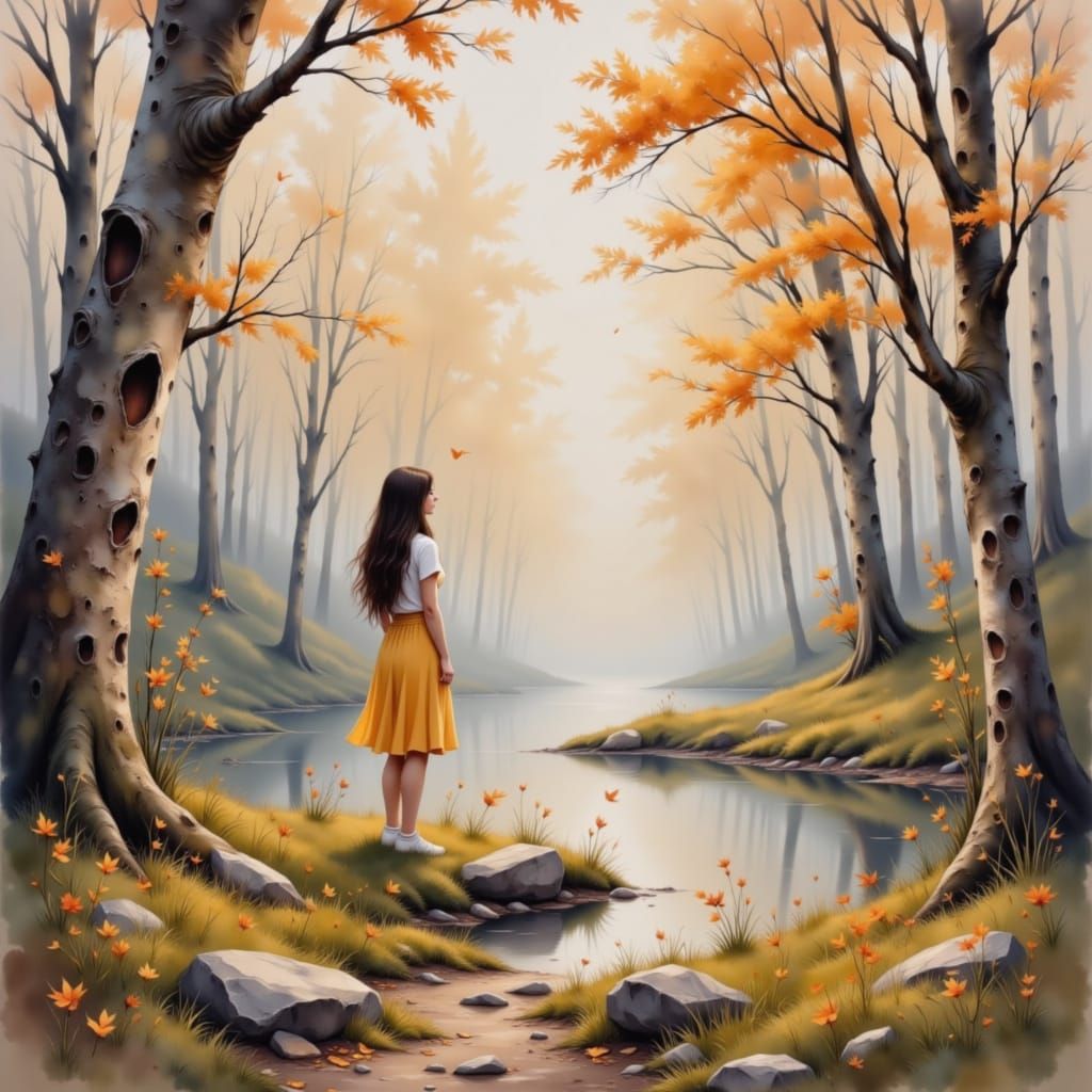 Misty Lake Contemplation in Watercolor and Coffee Art