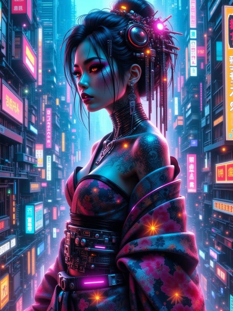 Cybernetic Geisha in Fractal Metropolis, Neo-Retro Futuristi...