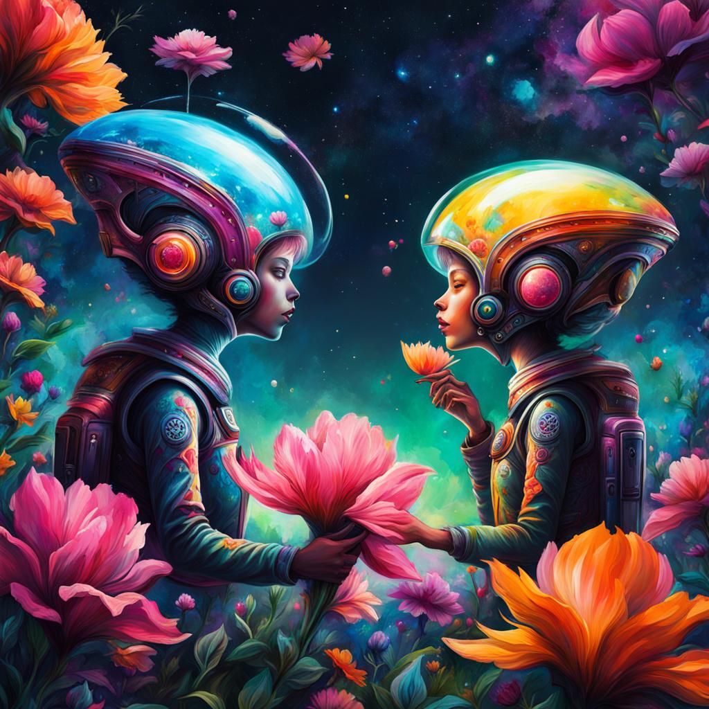Floral Spaceship: Two Aliens in Graffiti Art Style