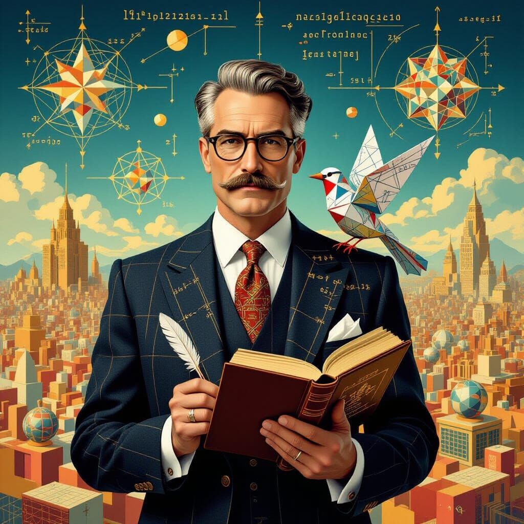 Mathematical Genius with Origami Bird in Op Art