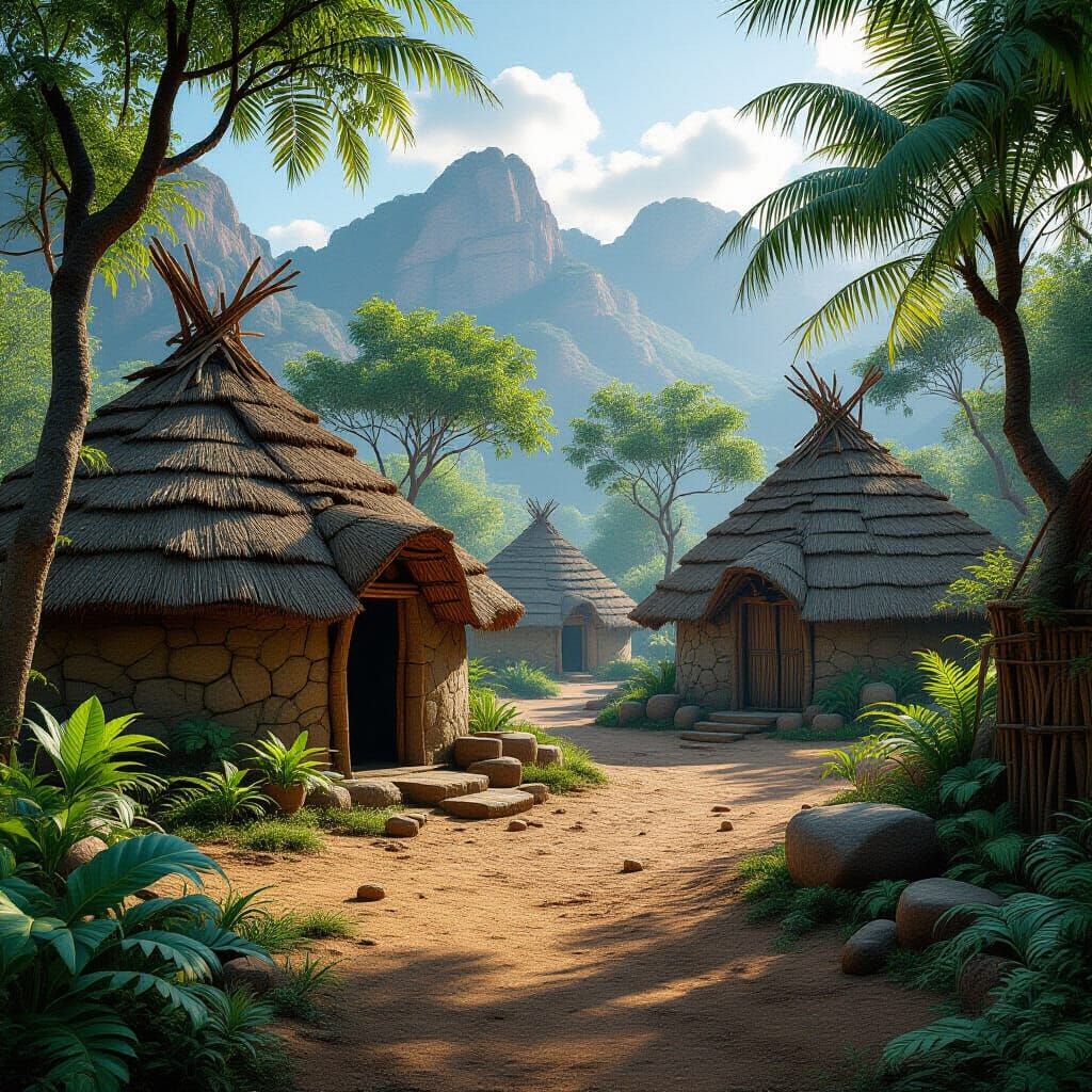 Stone Age Huts in Africa: Fantastical Matte Painting
