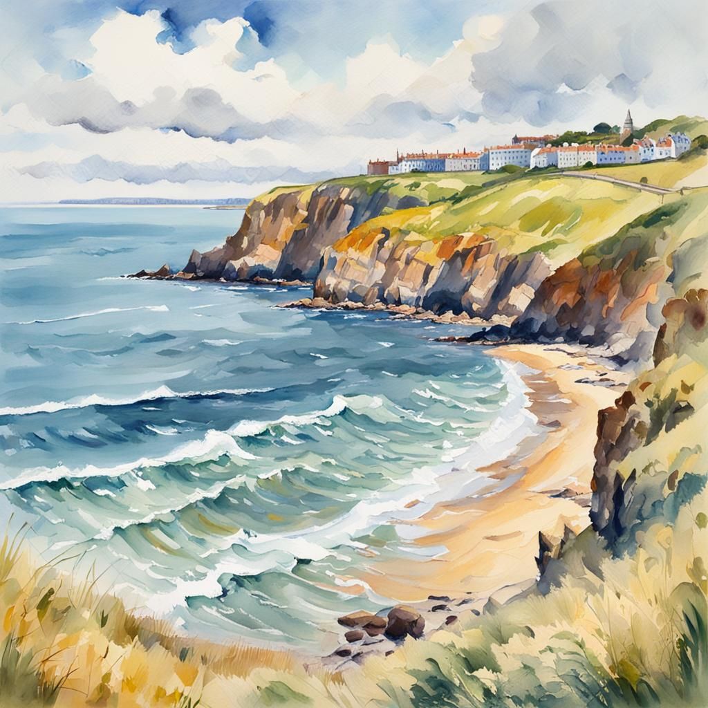 Scarborough Coast Landscape in Gouache Watercolor Style