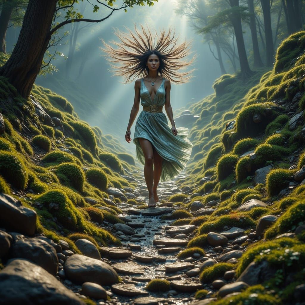 Asian Woman Walks Through Hyperrealistic Mossy Landscape