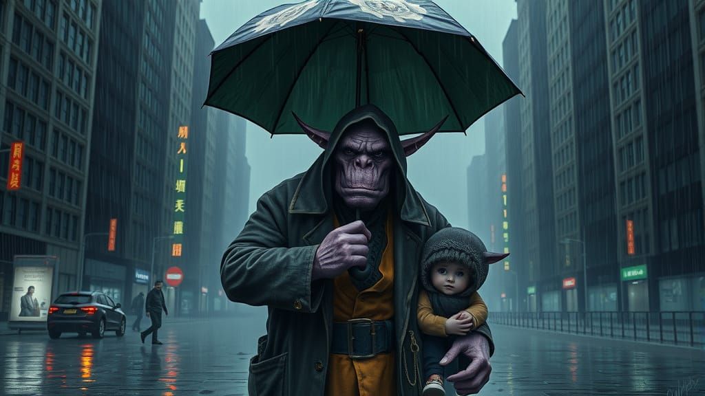 Ogre Sheltering Mother and Child in Rainy Cityscape