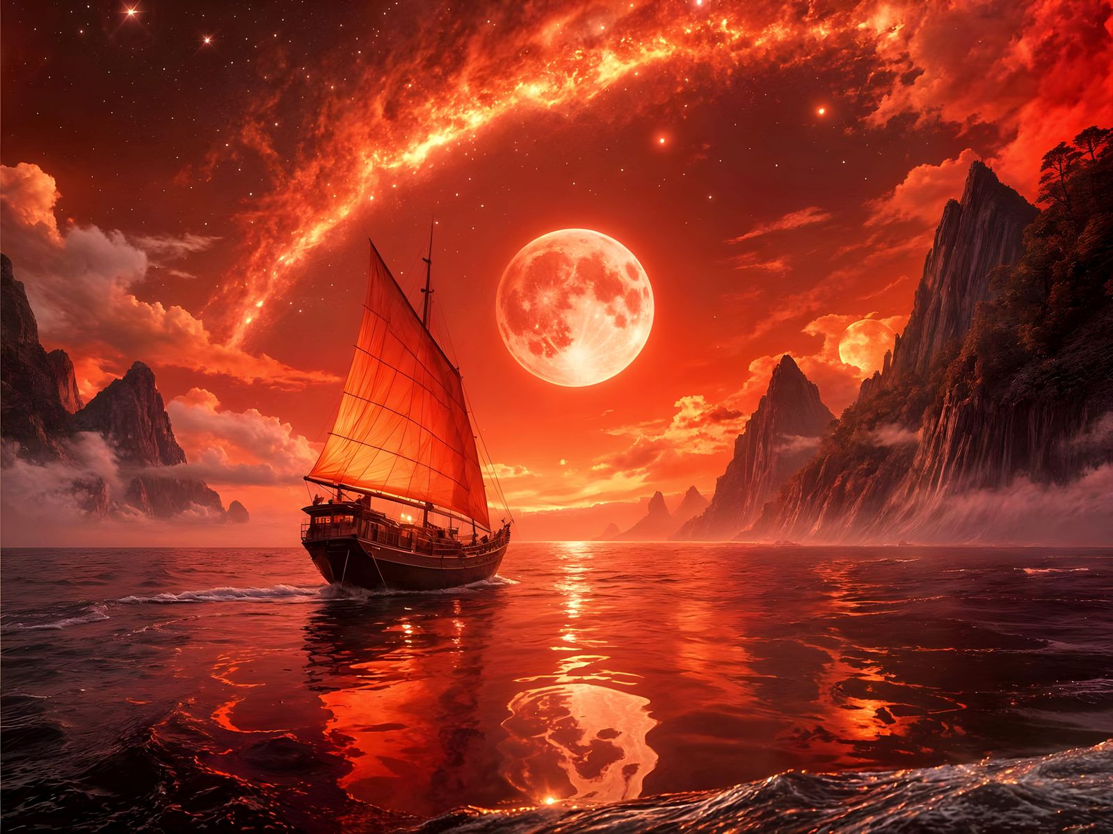 Crimson Starlit Ocean with Japanese Sailboat