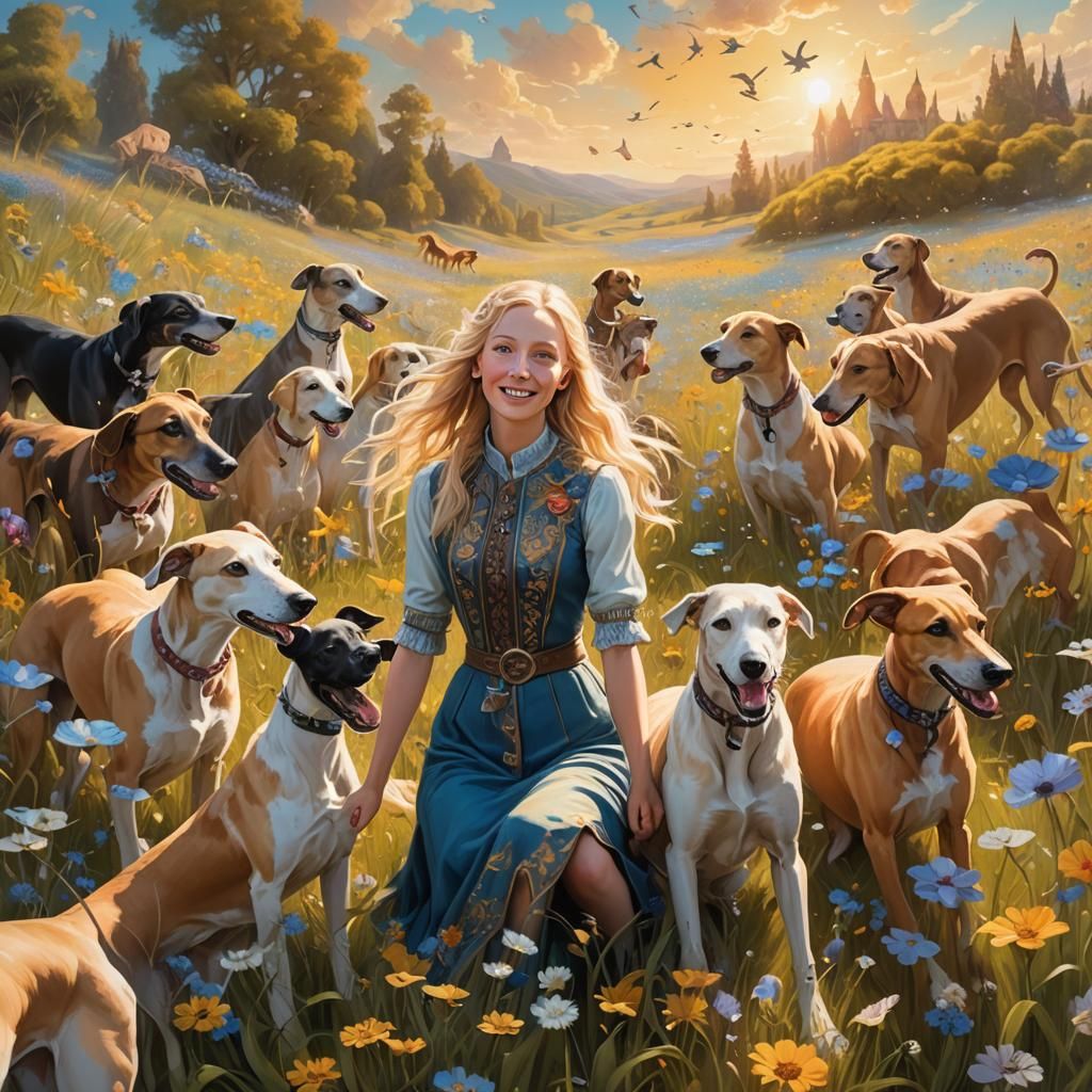 Girl with Greyhounds in Sunlit Meadow, Fantasy Art