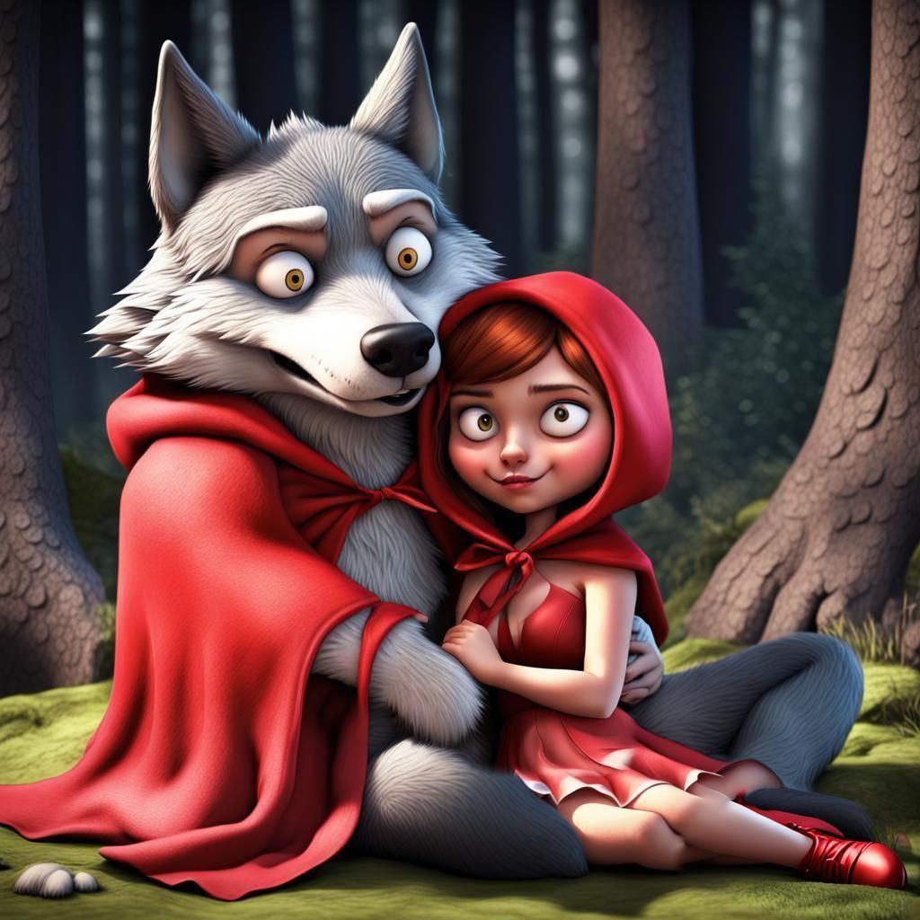 Red Riding Hood Snuggles Wolf: CGI Cartoon
