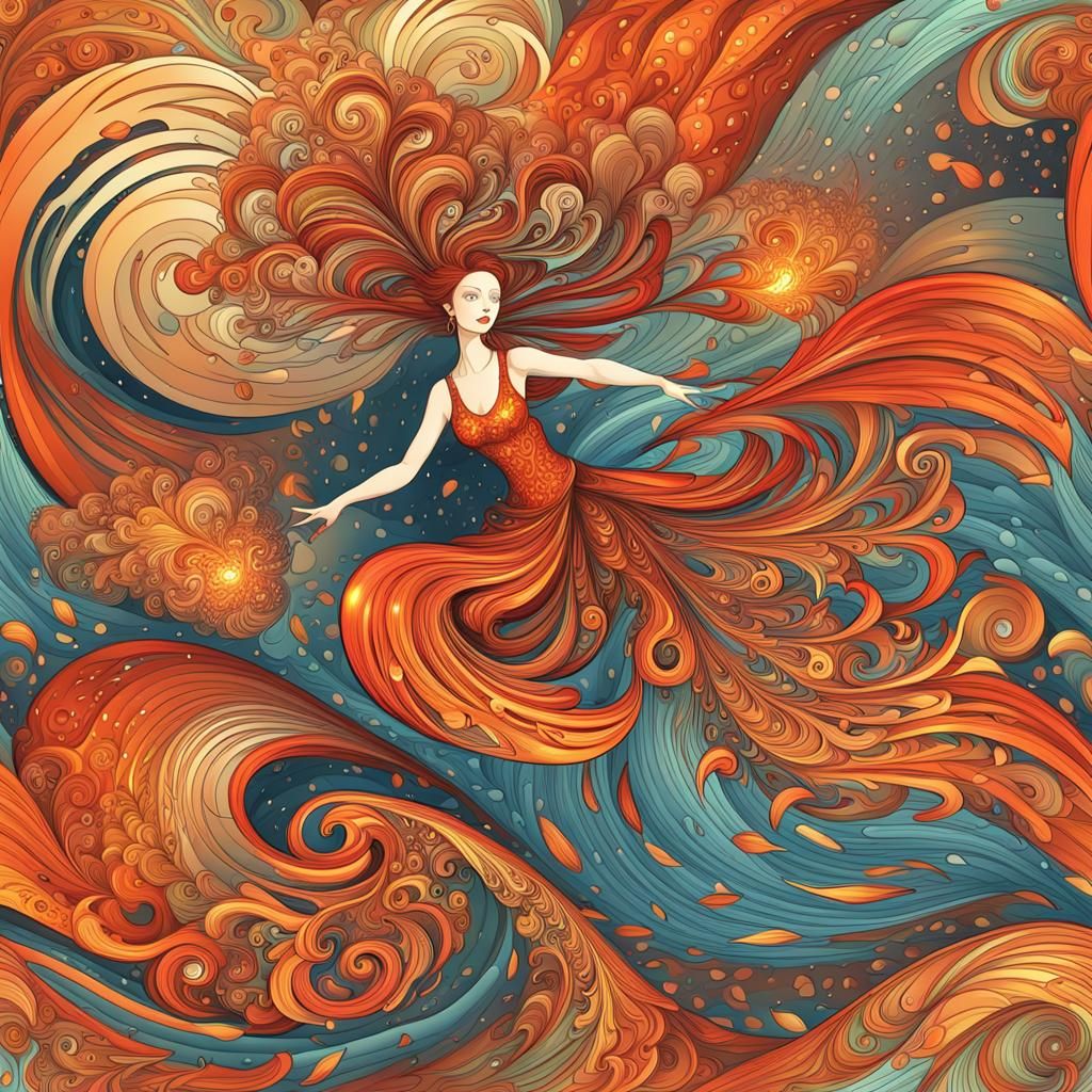 Fire Fairy Dancing in Rain with Fractal Art