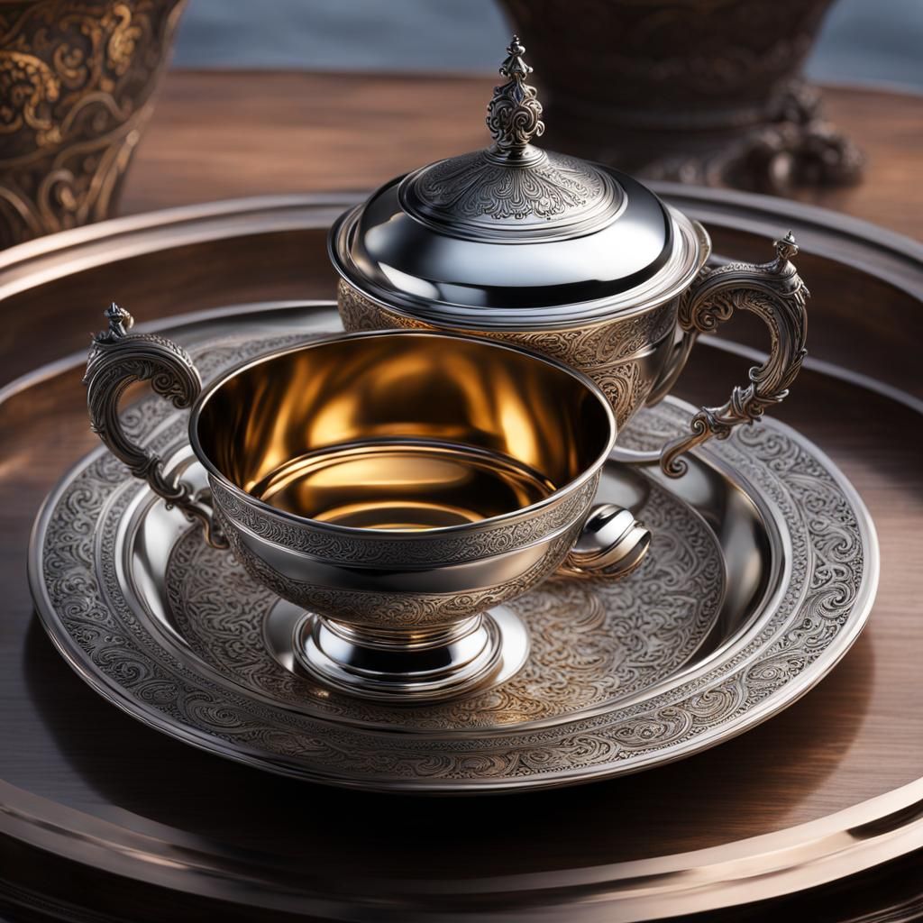 Fantasy Silver Cup and Bowl in Anime Style