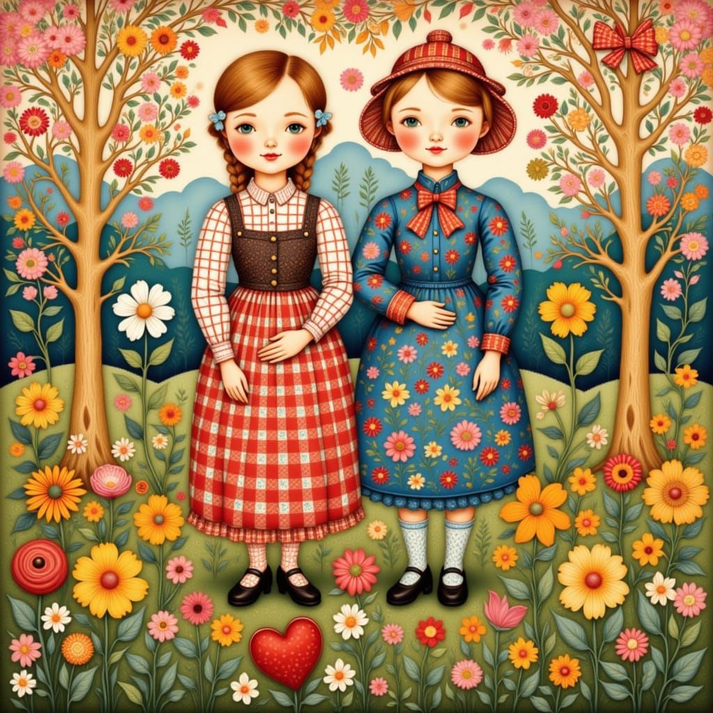 Two Girls In Folk Art Nouveau Gingham Style