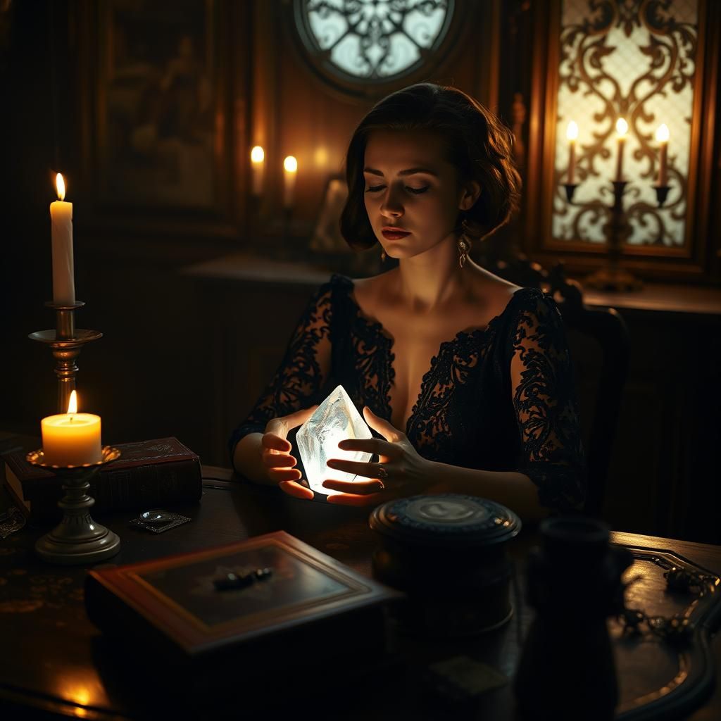 Mystical Woman at Candlelit Table with Crystal