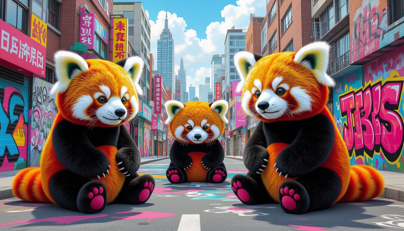 Plush Red Panda Cityscape in Surreal Street Art Style