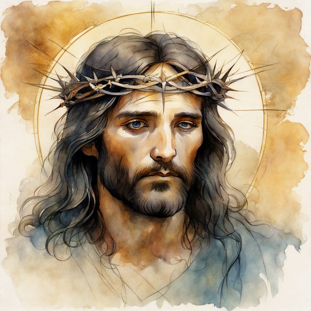 Jesus Christ with a Crown of Thorns in Spiritual Watercolor