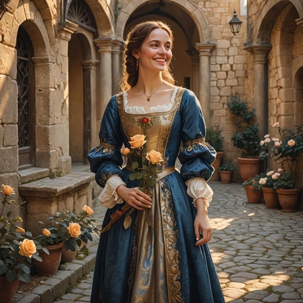 Renaissance Woman with Rose: Digital Portrait Masterpiece