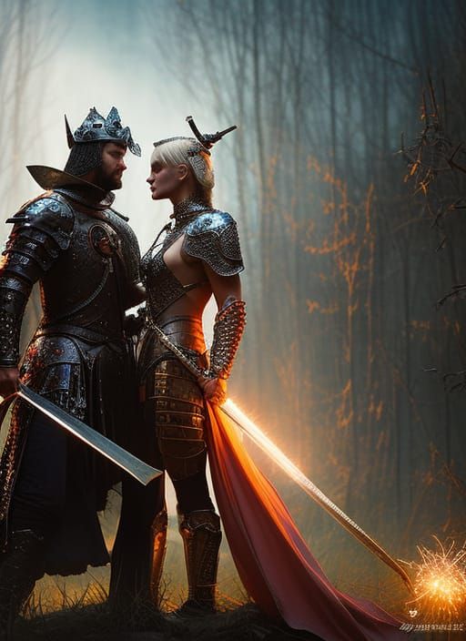 Medieval Warrior Sorceress and Lord Embrace