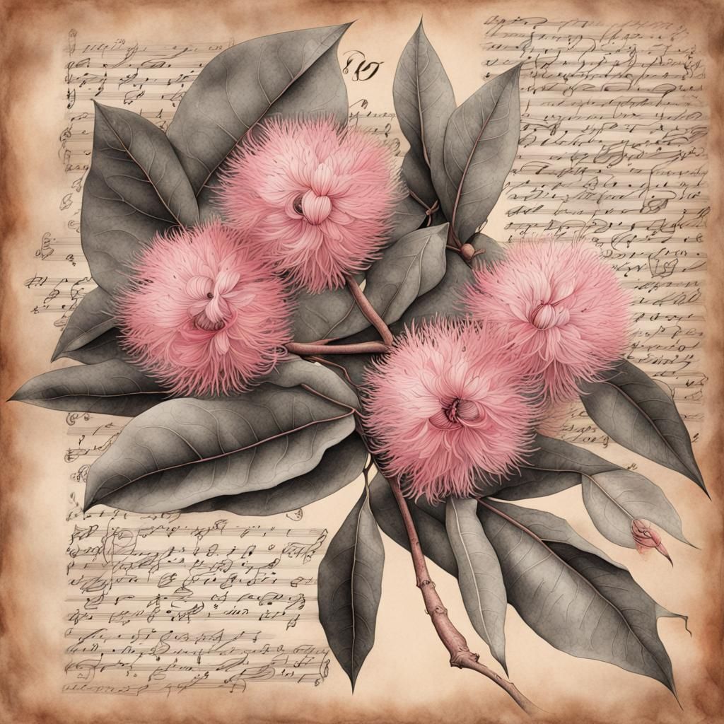 Australian Eucalyptus Flowers Ink Drawing on Parchment