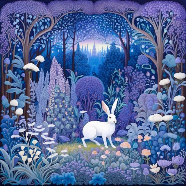 Ethereal White Hare in Fantasy Forest at Dusk