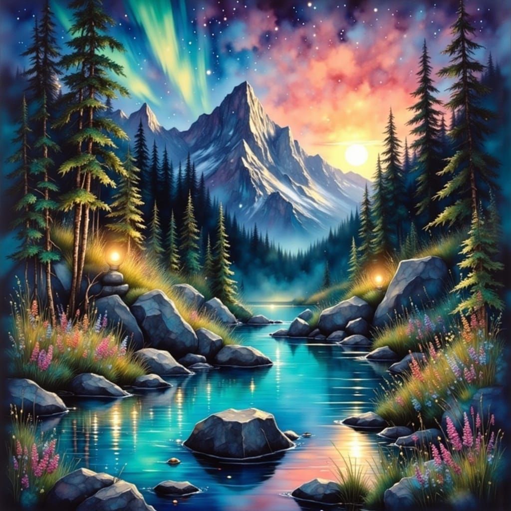 Bioluminescent Hot Spring Under Starry Sky, Gouache Style