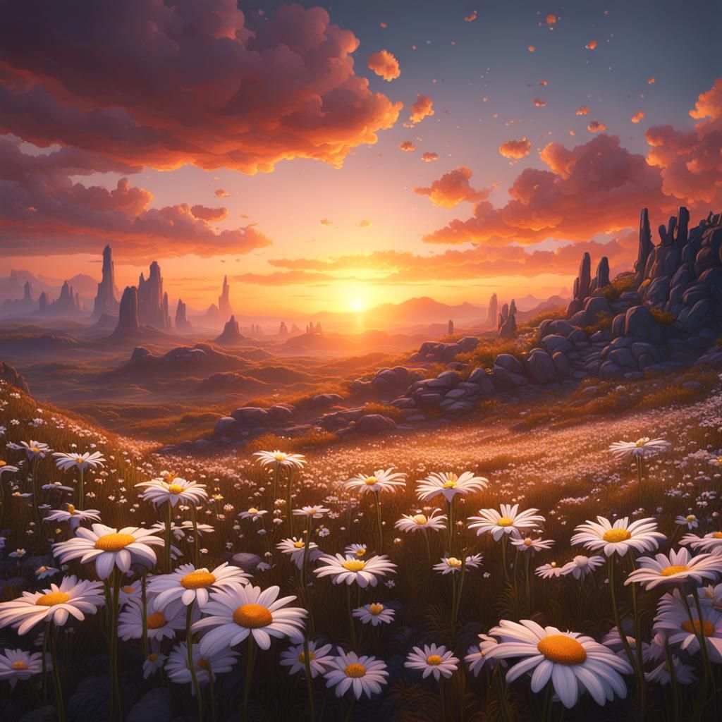 Sunset Daisy Field in Detailed Matte Painting Style