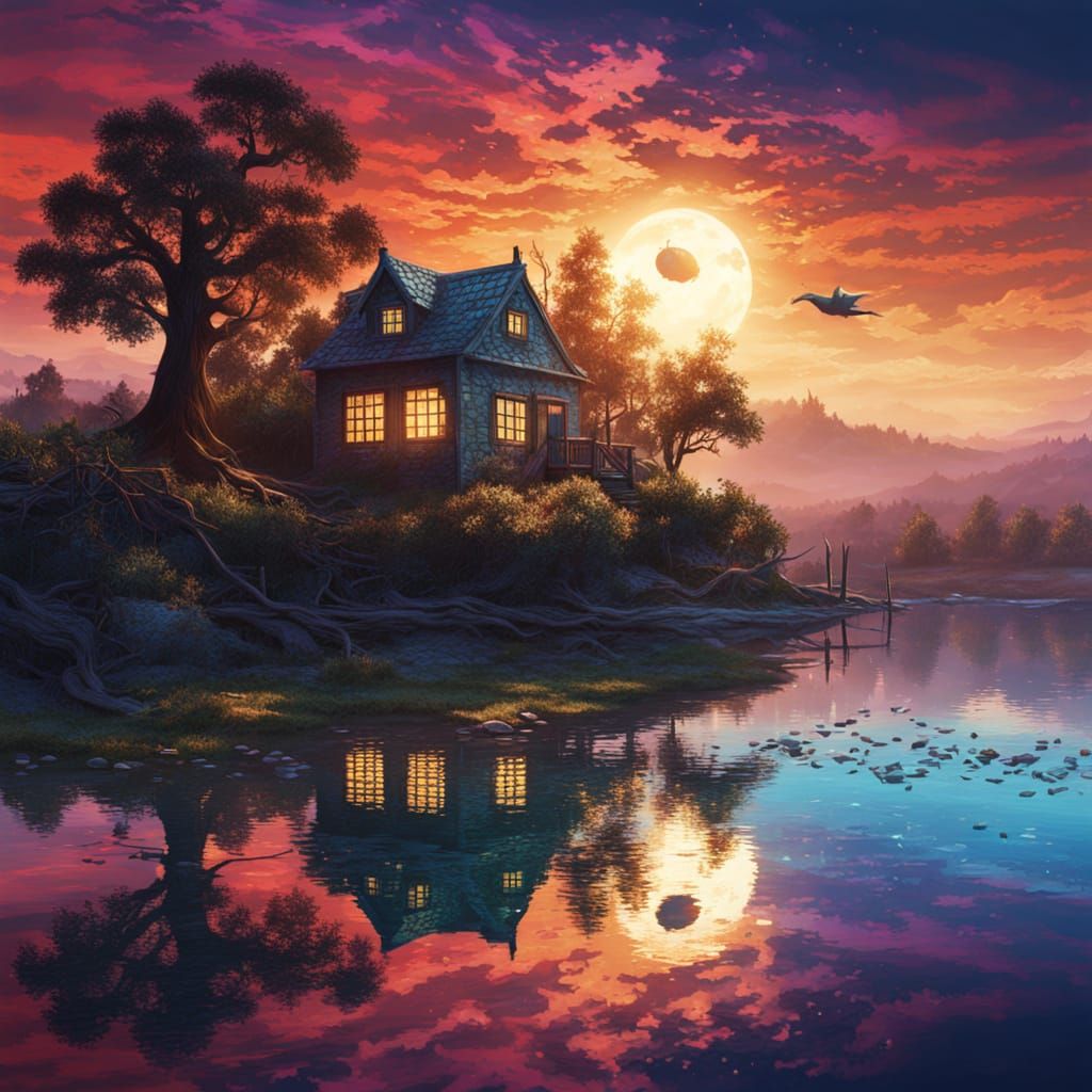 Surrealistic of a vibrant rainbow sunset over a calm lake. A...