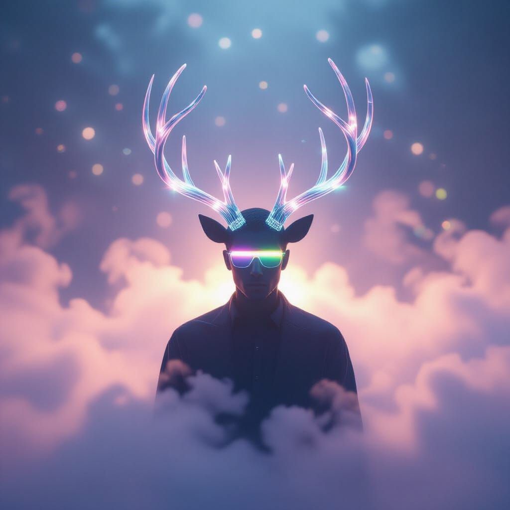 Mysterious Figure With Glass Antlers In Glowing Mist