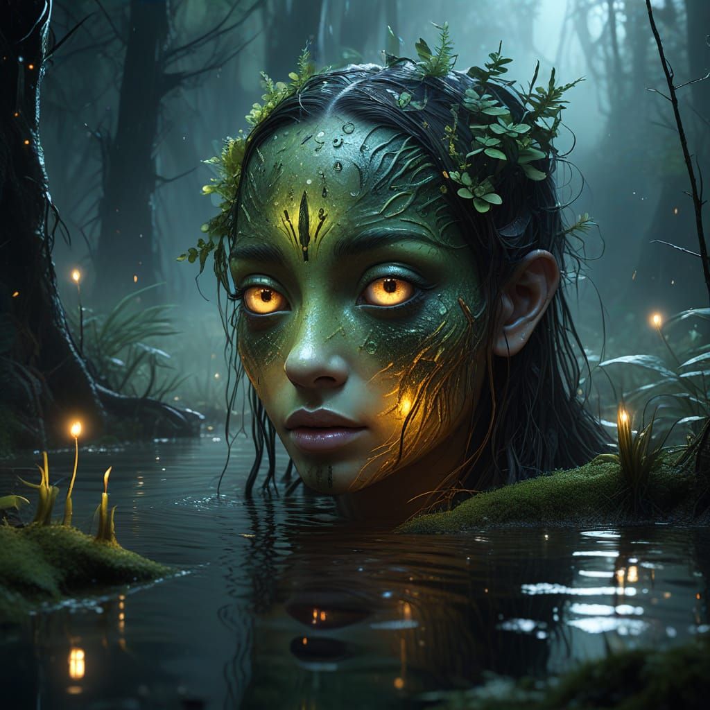 Surreal Face Materializes from Misty Swamp in Fantasy Art