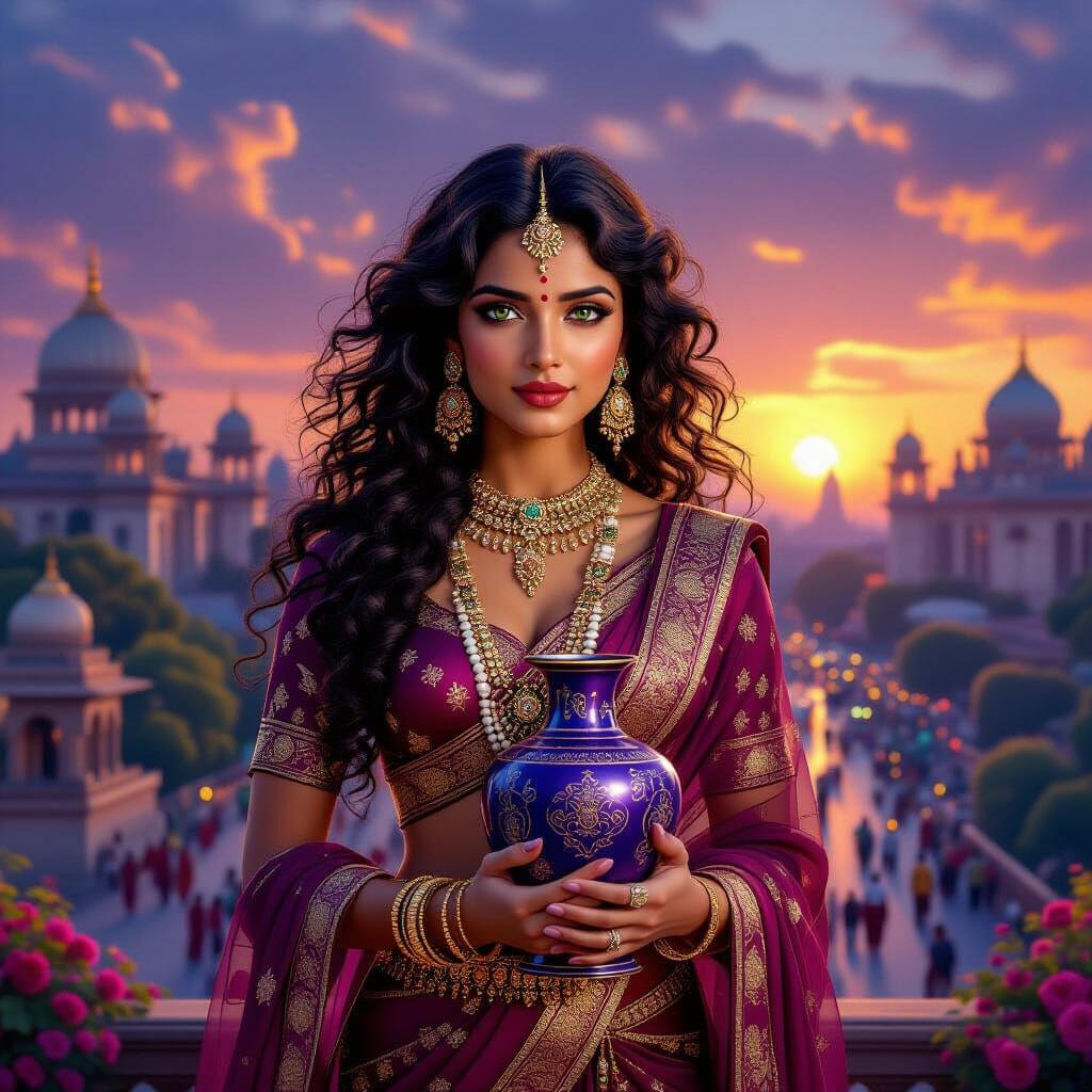 Indian Princess in Vibrant Capital City at Sunset