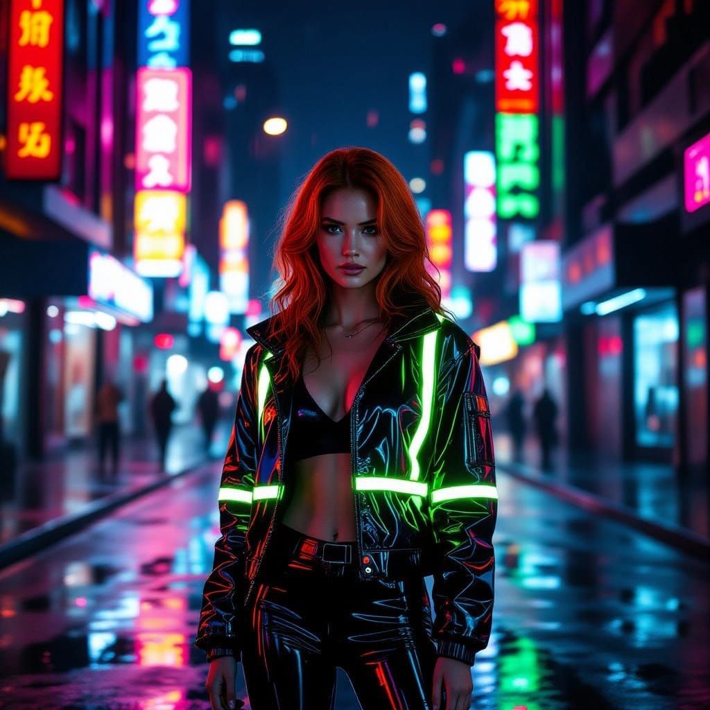 Redhead Woman in Neon Clothing in Futuristic Cityscape