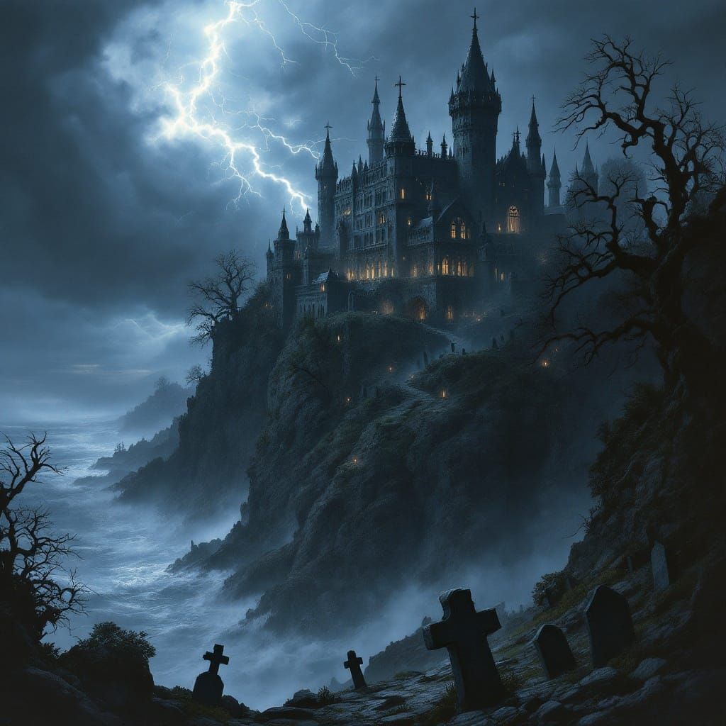 Gothic Castle Towers Above Stormy Sea in Dark Fantasy